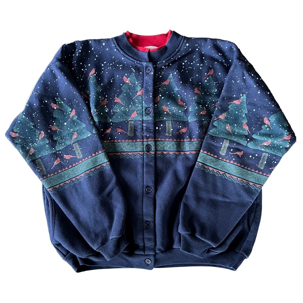 Vintage 90s Navy Blue Cardinal Snow Tree Print Buttoned Sweatshirt with Pockets